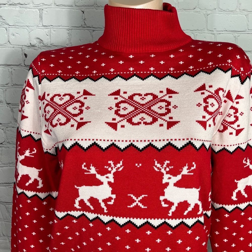 Abollria Red Turtleneck Fair Isle Holiday Reindeer Sweater Knit Size L - Picture 2 of 10